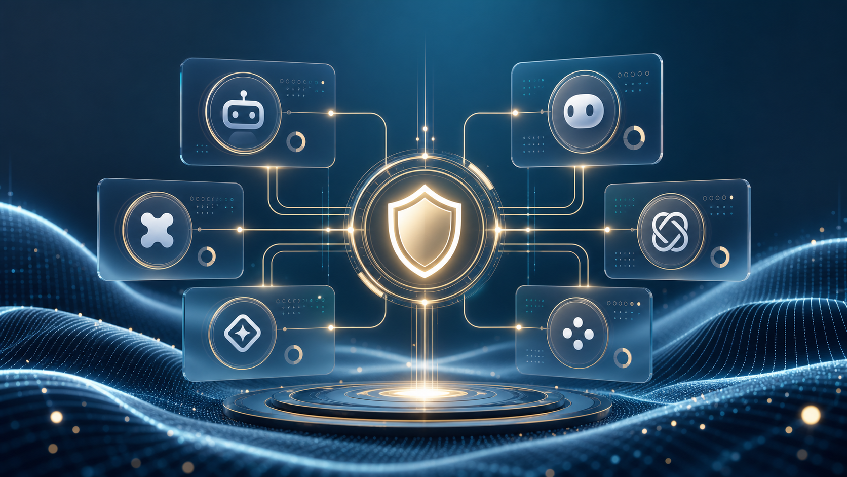 Painel de controle futurista com múltiplas telas conectadas por linhas de dados a um símbolo central de marca, representando o monitoramento de presença em diferentes IAs.
