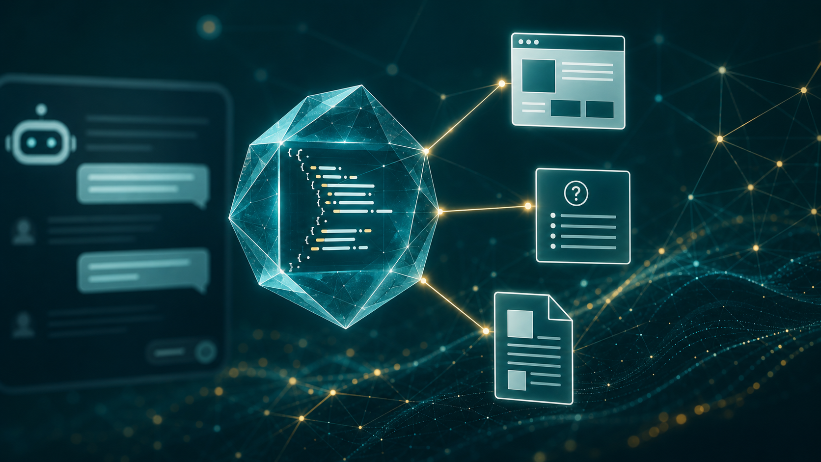 Ilustração de um bloco de código JSON-LD estilizado como um cristal geométrico translúcido, conectado por linhas de luz a ícones de site, FAQ e artigo, representando a rede semântica do Schema para GEO.