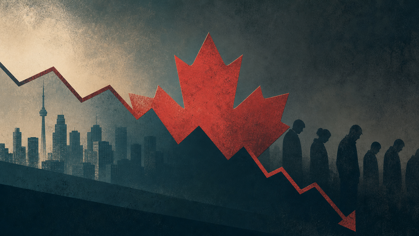 Abstract editorial illustration of a downward job trend with a subtle maple leaf motif