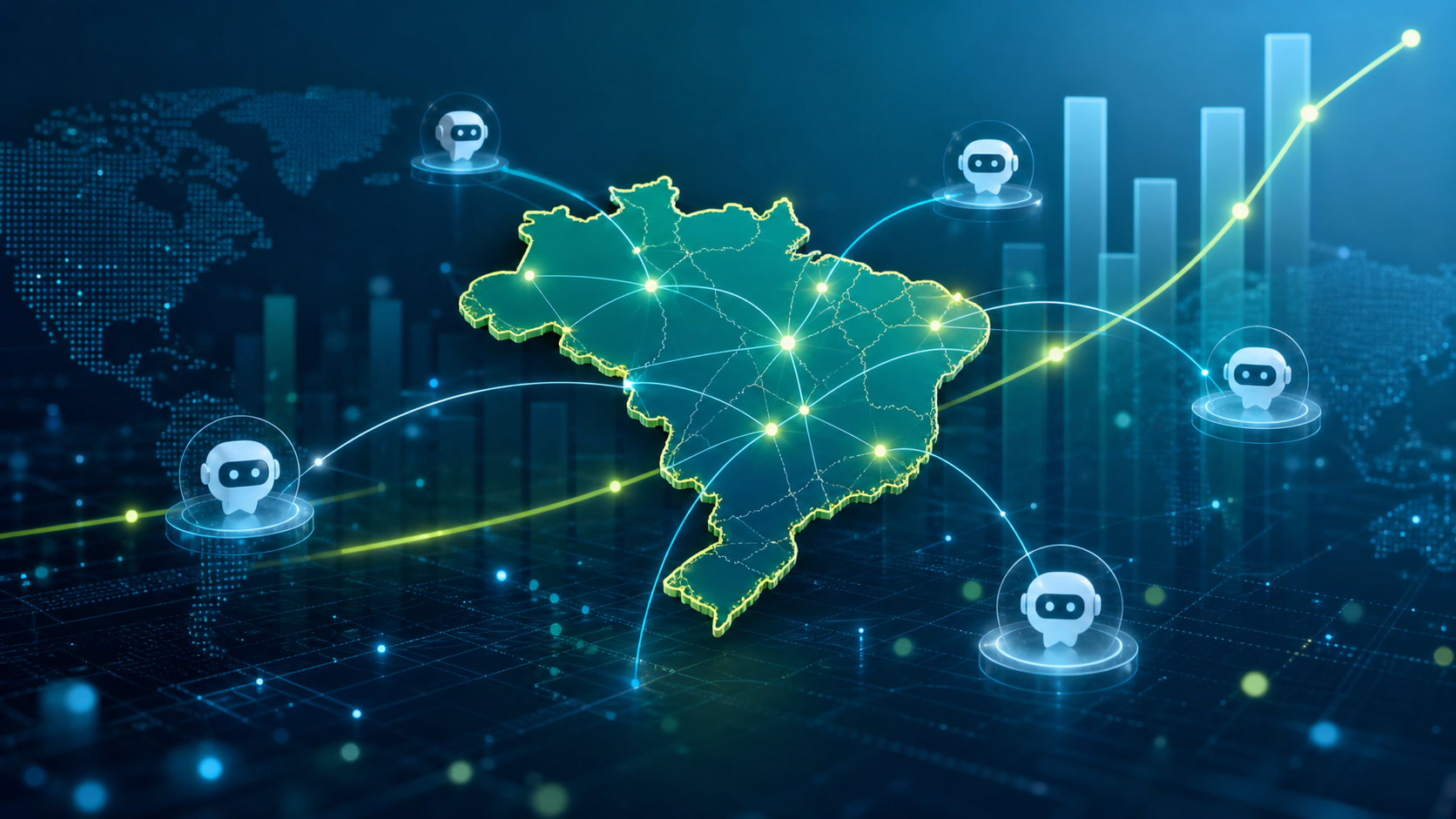 silhueta de um estrategista observando um horizonte digital com constelações de dados formando o contorno do mapa do Brasil, simbolizando visão de futuro e pioneirismo.


