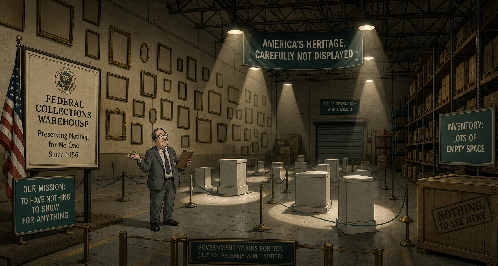 Illustration of an empty government storage warehouse with bare frames and a shrugging official